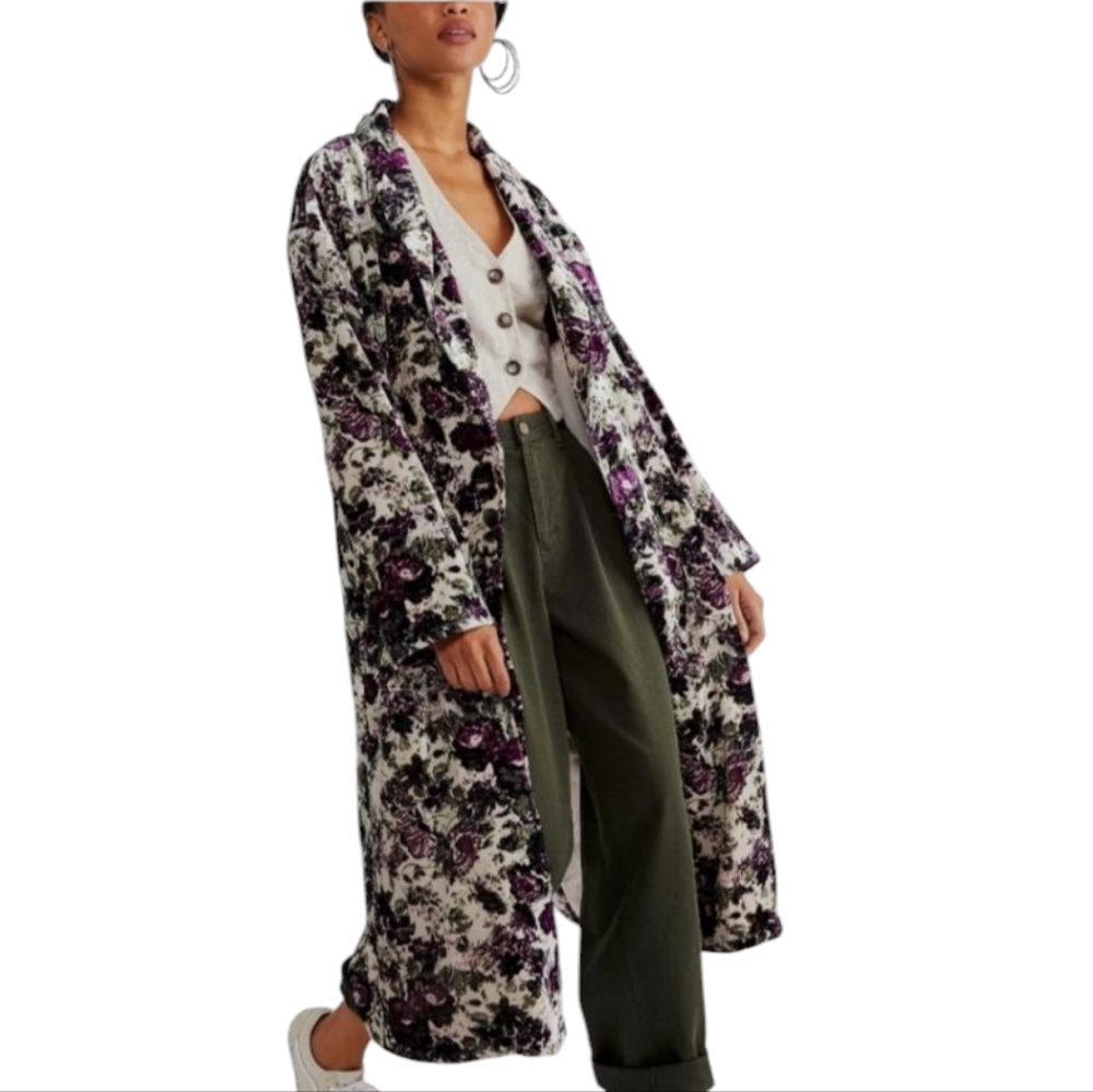 Free People Floral Long Coat - Purple and Cream